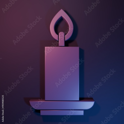 Purple Burning candle icon isolated on purple-blue background. Cylindrical candle stick with burning flame. Minimalism concept. 3D render illustration