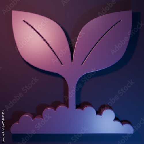 Purple Plant icon isolated on purple-blue background. Seed and seedling. Leaves sign. Leaf nature. Minimalism concept. 3D render illustration