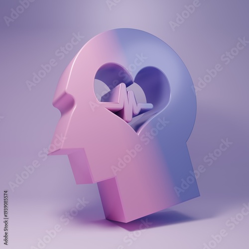 Purple Male head with a heartbeat icon isolated on purple background. Head with mental health, healthcare and medical sign. Minimalism concept. 3D render illustration