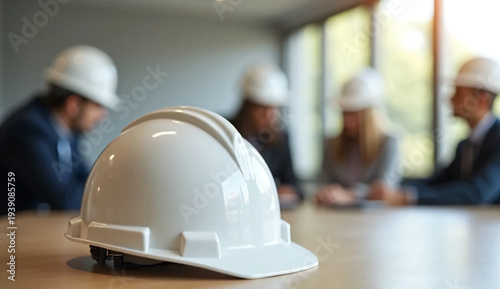 Hard hat on the table in the office with people  wearing construction blurred background
