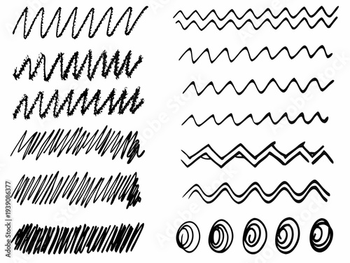 Variations of wavy lines and spiral shapes in black and white