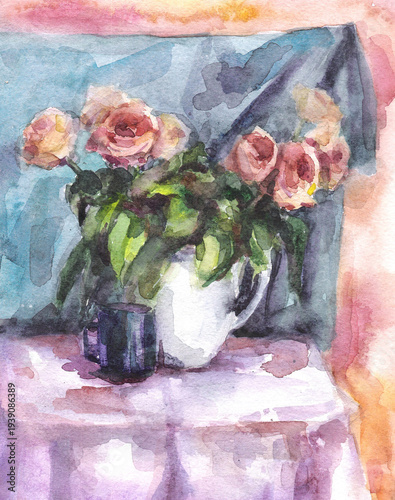 Watercolor painting of peach roses in a white vase on blue and purple drapery. A student's drawing. Delicate watercolor, blur effect, wet-on-wet, traditional art, hand-drawn on paper.