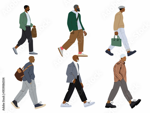 Diverse group of stylish men walking in a minimalist illustration