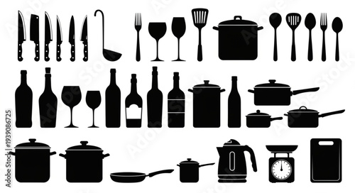 Collection of kitchen utensils and cookware silhouettes for cooking and dining.