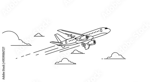 Airplane Flying Through Clouds Simple Illustration.