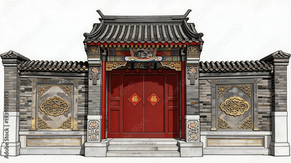 Fototapeta premium Traditional Chinese courtyard gate with red double doors and ornate tiled roof
