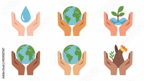 Hands holding earth water drop and plant icons for eco friendly and environmental conservation concepts