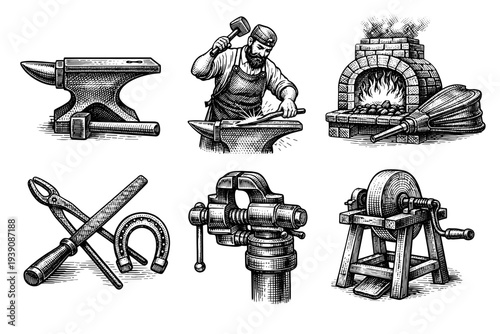 Blacksmith Workshop vintage woodcut Engraving Illustration in Hand-Drawn Line Art Style