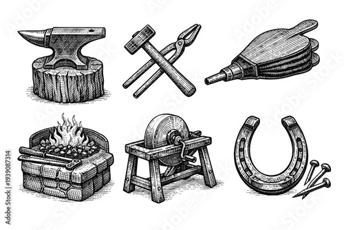 Blacksmith Workshop vintage woodcut Engraving Illustration in Hand-Drawn Line Art Style