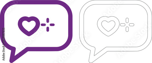 Purple chat bubble with heart and sparkles outline