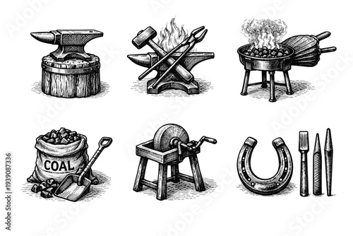 Blacksmith Workshop vintage woodcut Engraving Illustration in Hand-Drawn Line Art Style