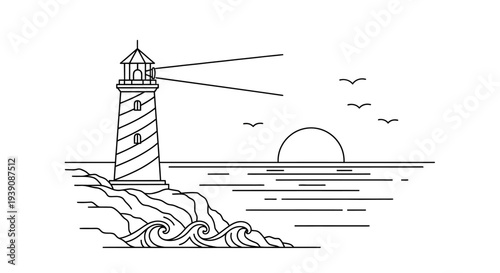 Lighthouse Standing on Rocky Coastline at Sunset.