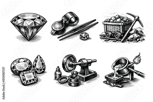Gemstone Mining and Jewelry Craft Vintage Engraving woodcut Illustration Set
