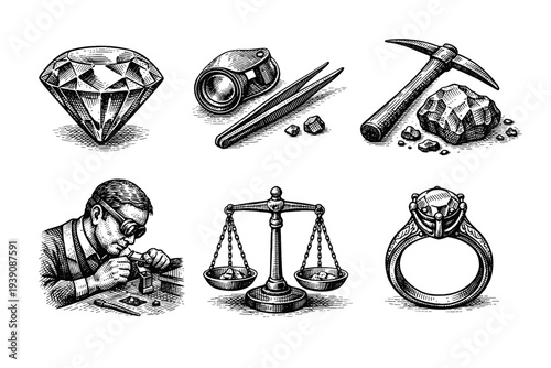 Gemstone Mining and Jewelry Craft Vintage Engraving woodcut Illustration Set