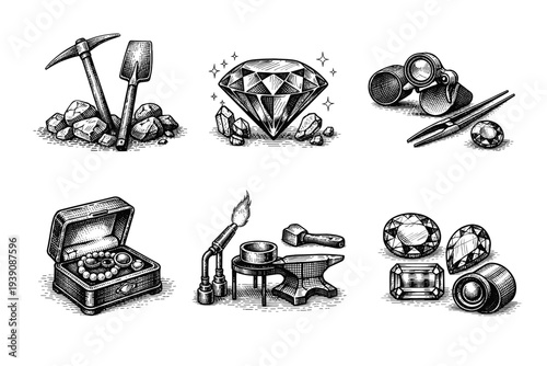 Gemstone Mining and Jewelry Craft Vintage Engraving woodcut Illustration Set