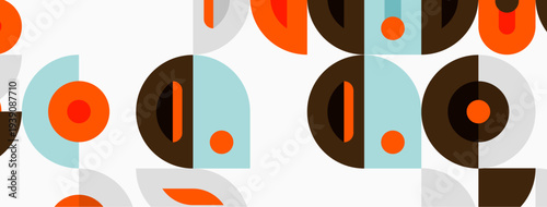 Geometric pattern features repeating shapes. Circles, semicircles, rectangles create midcentury modern aesthetic. Orange, brown, teal dominate design.