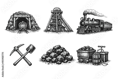 Coal Mining Industry Vintage Engraving woodcut Illustration Set in Hand-Drawn Line Art Style