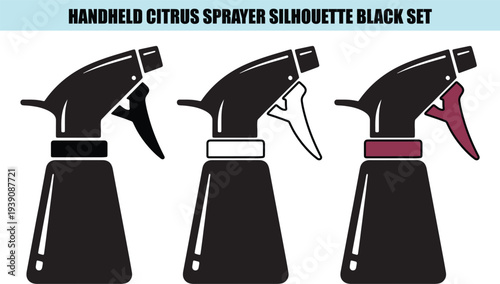 Three black citrus spray bottle silhouettes with colored accents