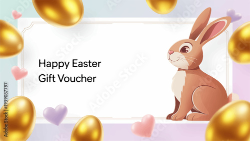 Easter gift card template with cute brown bunny golden eggs and hearts on pastel background for holiday promotions
