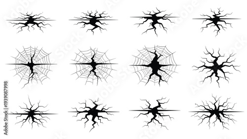 Collection of various crack and fracture patterns including some resembling spider webs illustrated on a white background.