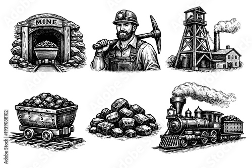 Coal Mining Industry Vintage Engraving woodcut Illustration Set in Hand-Drawn Line Art Style