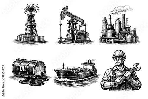 Set of Oil Industry Illustrations in Vintage Woodcut Engraving Style