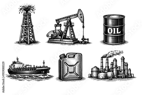Set of Oil Industry Illustrations in Vintage Woodcut Engraving Style