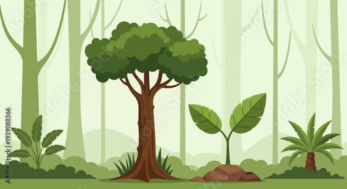 Tree with green leaves and seedlings.