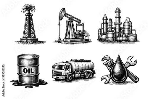 Set of Oil Industry Illustrations in Vintage Woodcut Engraving Style