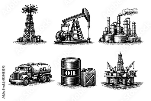 Set of Oil Industry Illustrations in Vintage Woodcut Engraving Style
