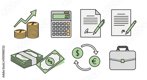 Financial Icons Representing Business Growth and Transactions.
