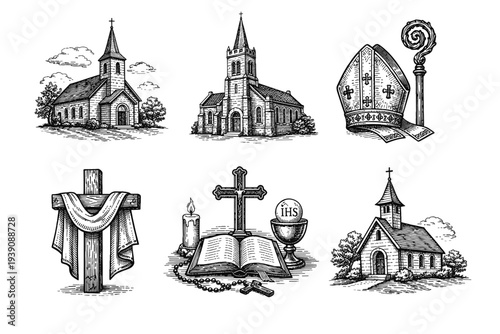 Set of Christian Religious Symbols and Churches in Vintage Woodcut Engraving Style