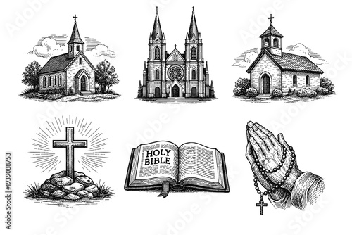 Set of Christian Religious Symbols and Churches in Vintage Woodcut Engraving Style