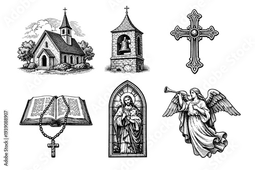 Set of Christian Religious Symbols and Churches in Vintage Woodcut Engraving Style