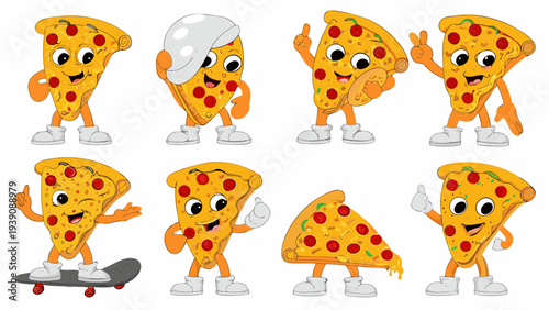 Animated pizza slices with faces display various playful hand gestures