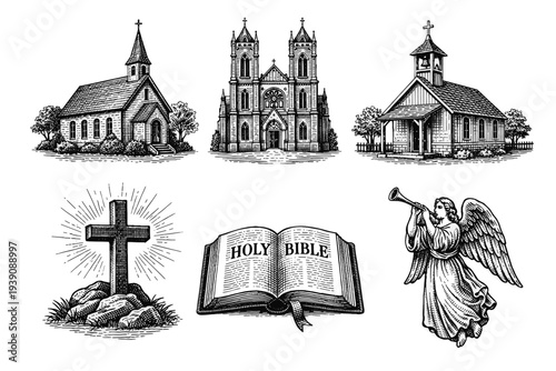 Set of Christian Religious Symbols and Churches in Vintage Woodcut Engraving Style