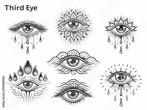 Intricate black and white illustrations of eyes with floral and wave motifs