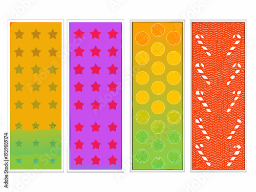 Four colorful rectangular panels displaying different patterns and shapes