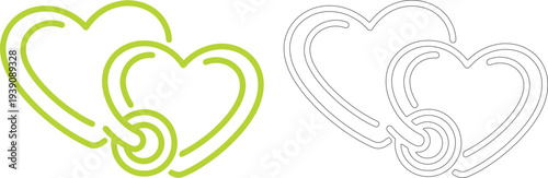 Two overlapping green hearts with outline version love