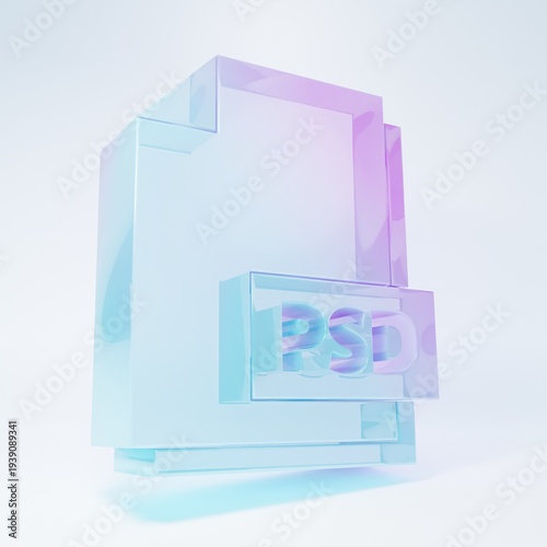 Frosted glass PSD file document. Download psd button icon isolated on white background. PSD file symbol. Minimalism concept. 3D render illustration