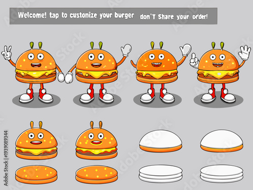 Animated burger characters and components for a food customization app