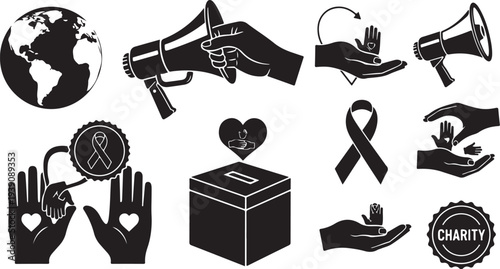 Black and white icons for charity, awareness, and social activism causes