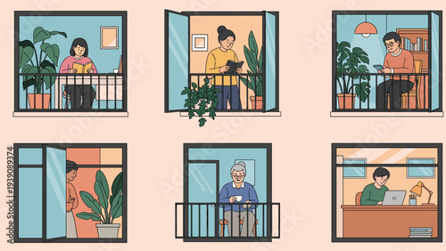 Illustration of multiple windows showing people engaged in various home activities like reading, working, and drinking coffee.