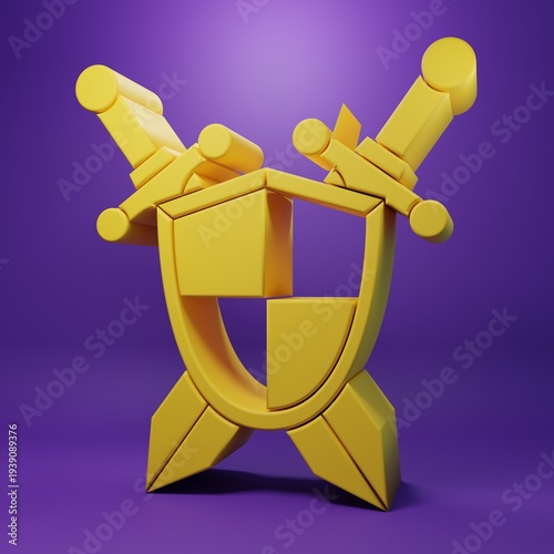 Yellow Medieval shield with crossed swords icon isolated on purple background. Minimalism concept. 3D render illustration