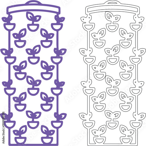 Vertical garden with potted plants and outline seedling