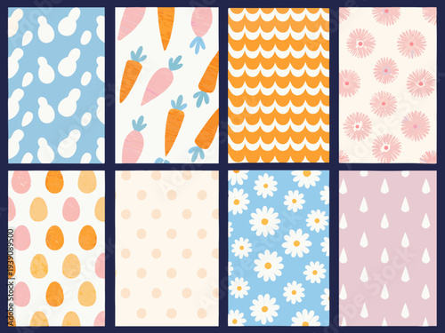 Colorful pattern grid featuring carrots flowers polka dots and raindrops
