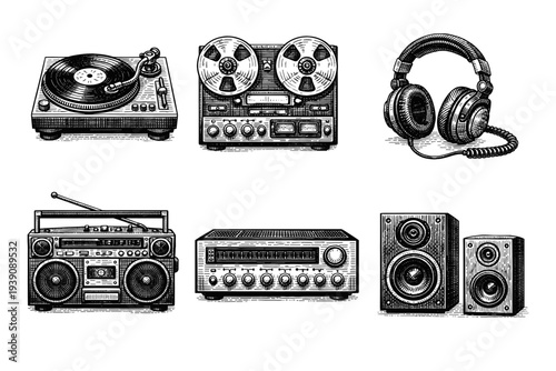 Set of Retro Audio Music Equipment in Vintage Woodcut Engraving Style