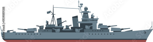 Vector illustration of a modern gray naval warship with radar systems, antennas, and deck guns sailing on the ocean in a flat cartoon style.