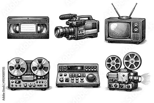 Set of Retro Cinema and Video Equipment in Vintage Woodcut Engraving Style