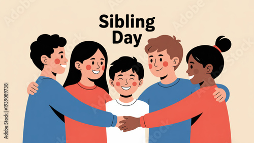 Diverse group of siblings hugging and celebrating sibling day with unity and love